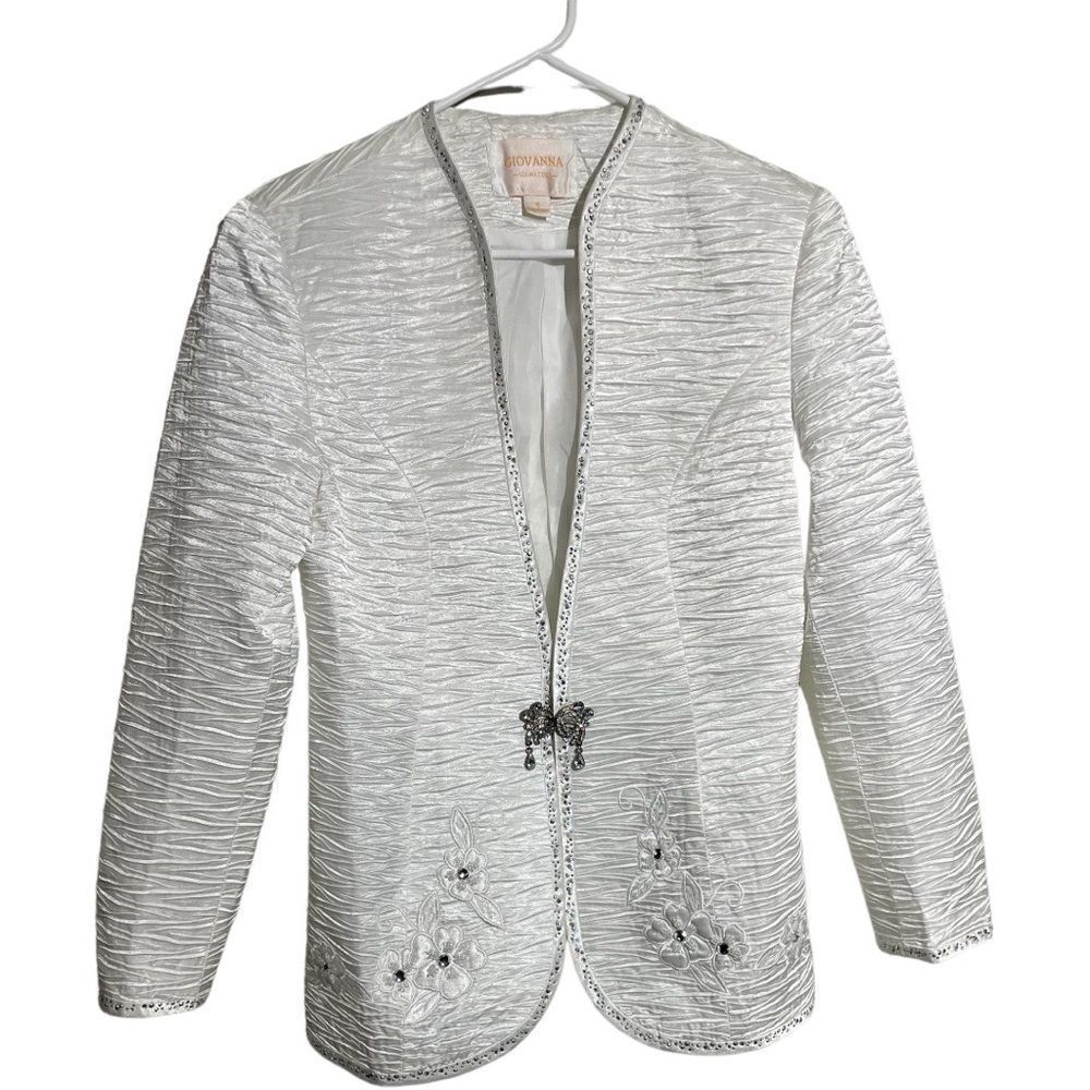 Giovanna Signature White Textured Jeweled Open Front Jacket Size 12